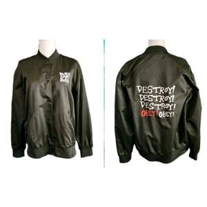 Obey Olive Green Nylon Women Medium Windbreaker Bomber Jacket DESTROY BURN BABY
